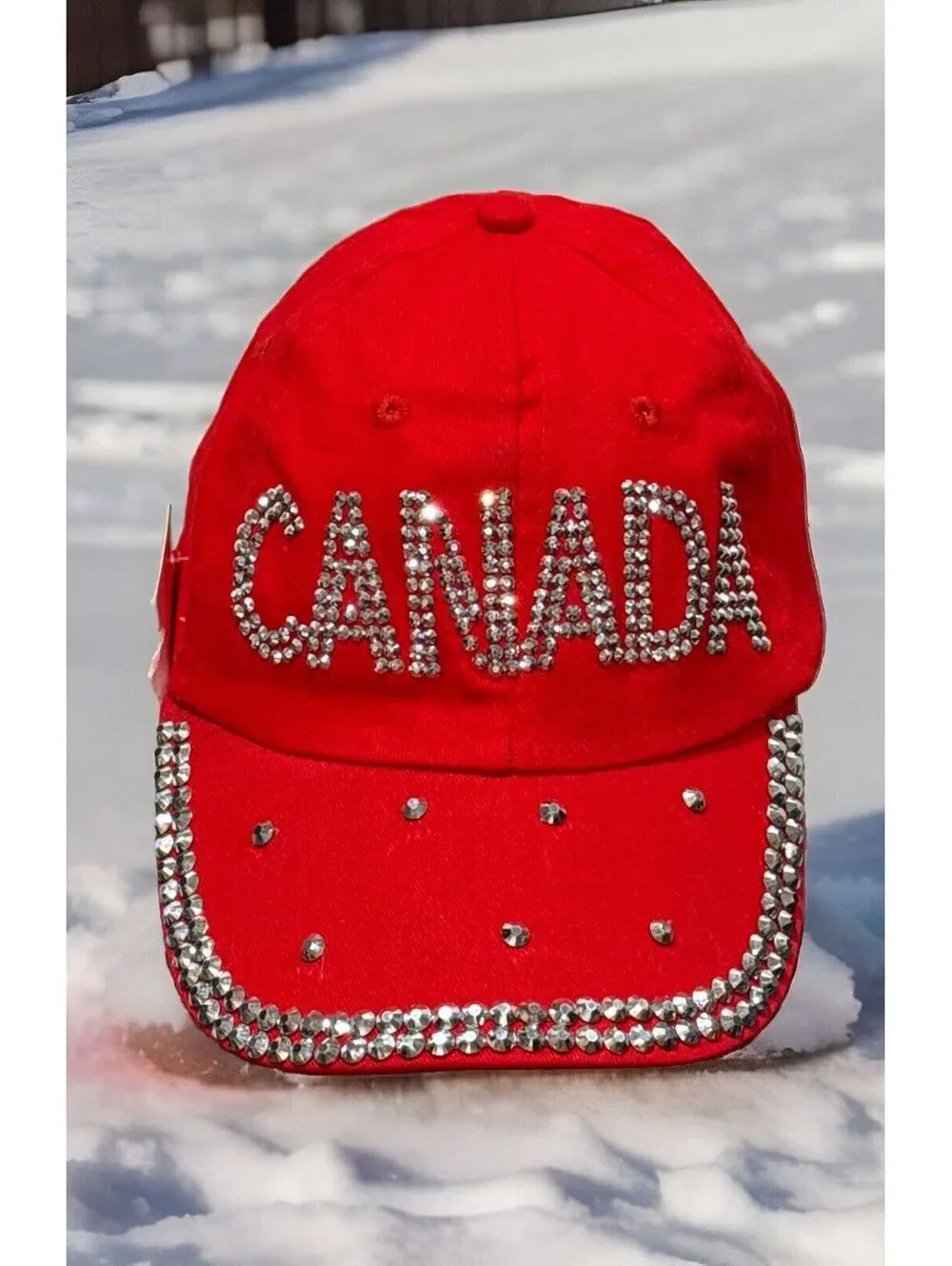 Canada Sparkling Faux Diamonds Niagara Falls Maple Leaf Red Baseball Cap